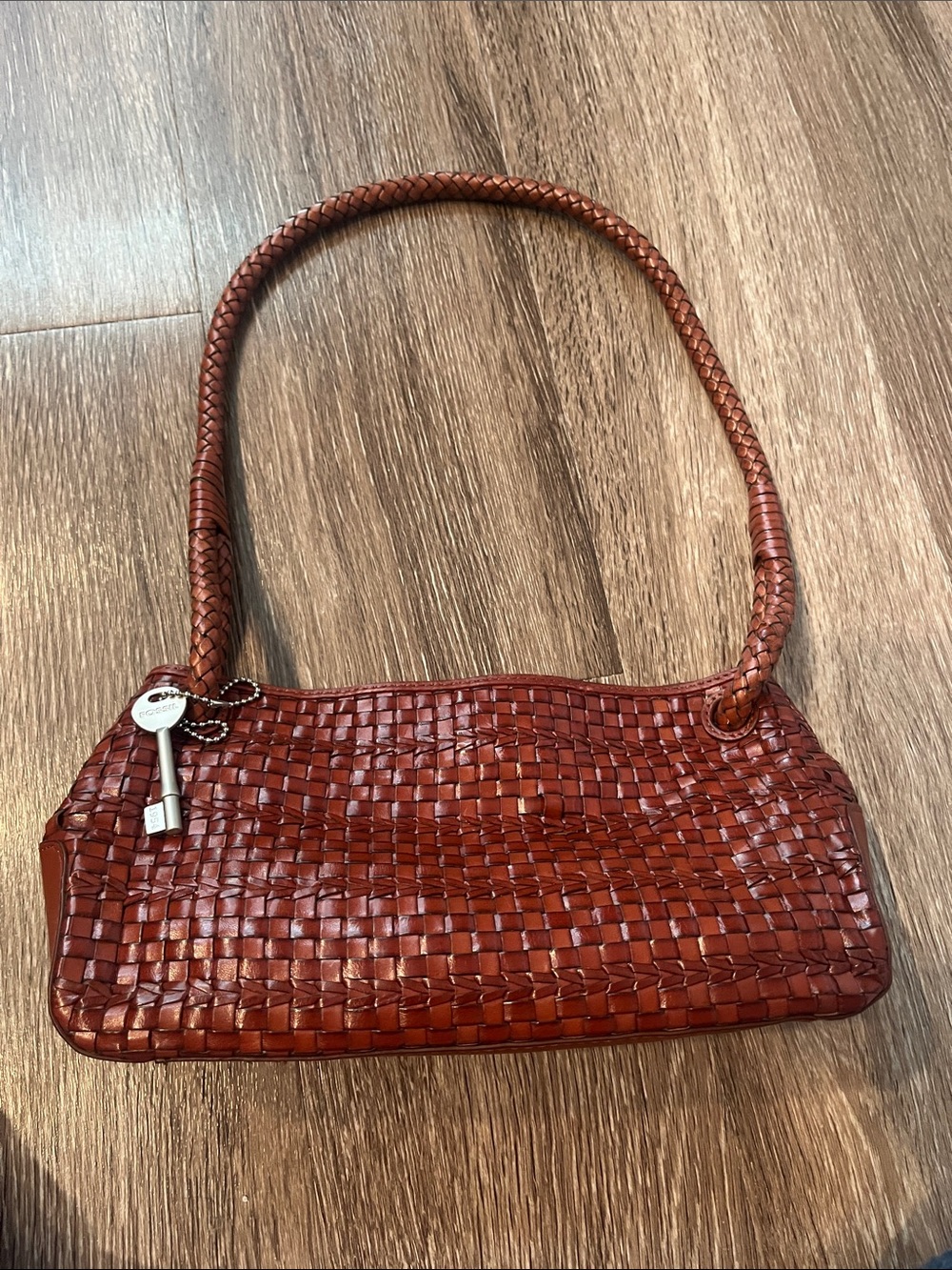 Vintage Fossil Braided Woven Shoulder Bag in Cognac Brown